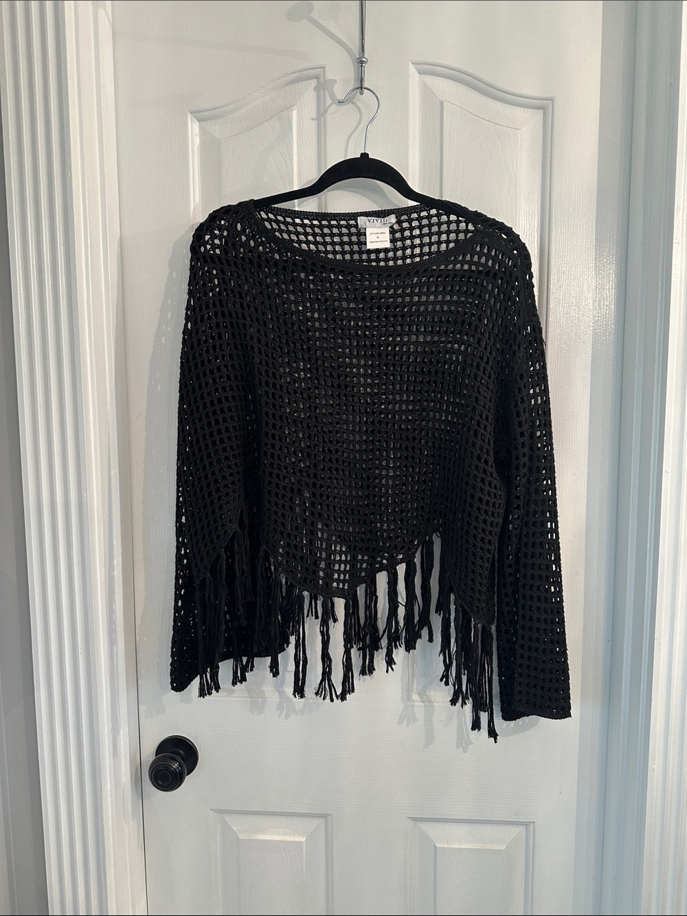 Black Crochet Fringe Long-Sleeve Top